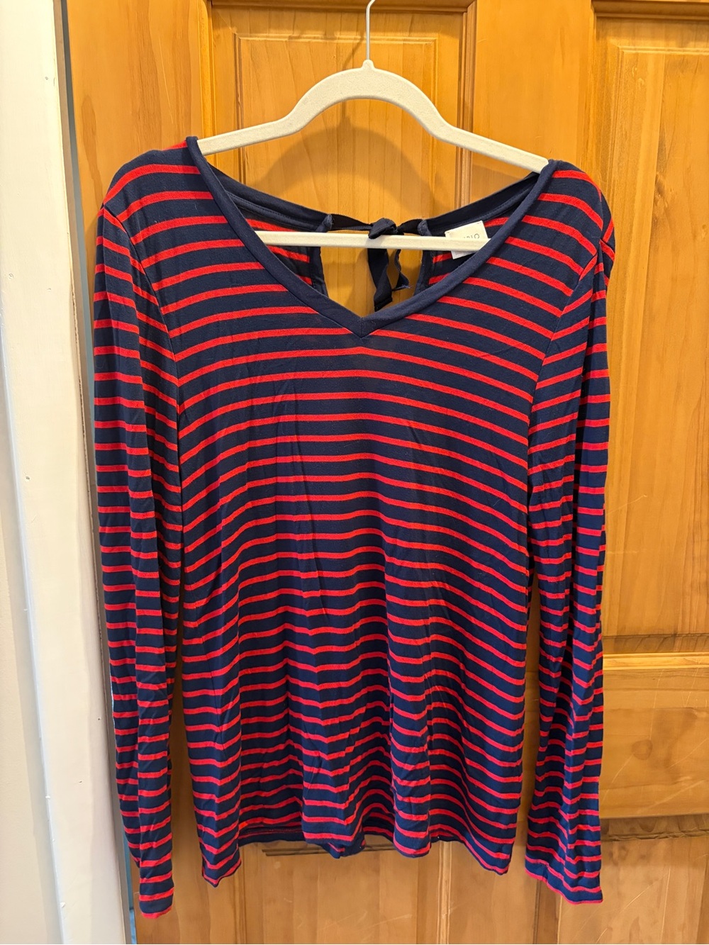 Cupio Navy and Red Striped V‑Neck Long Sleeve Top